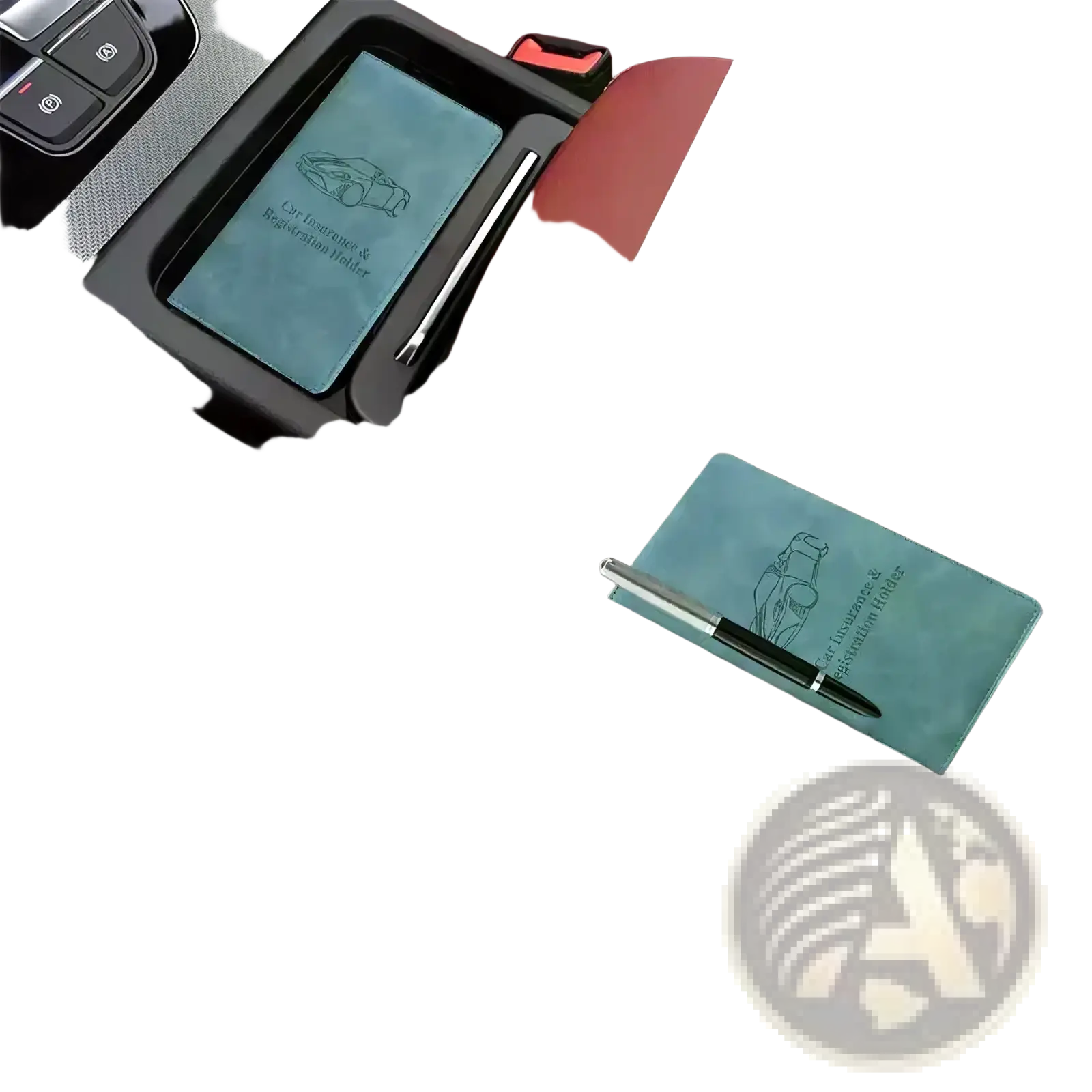 Teal leather car registration and insurance holder with debossed car outline design for document organization