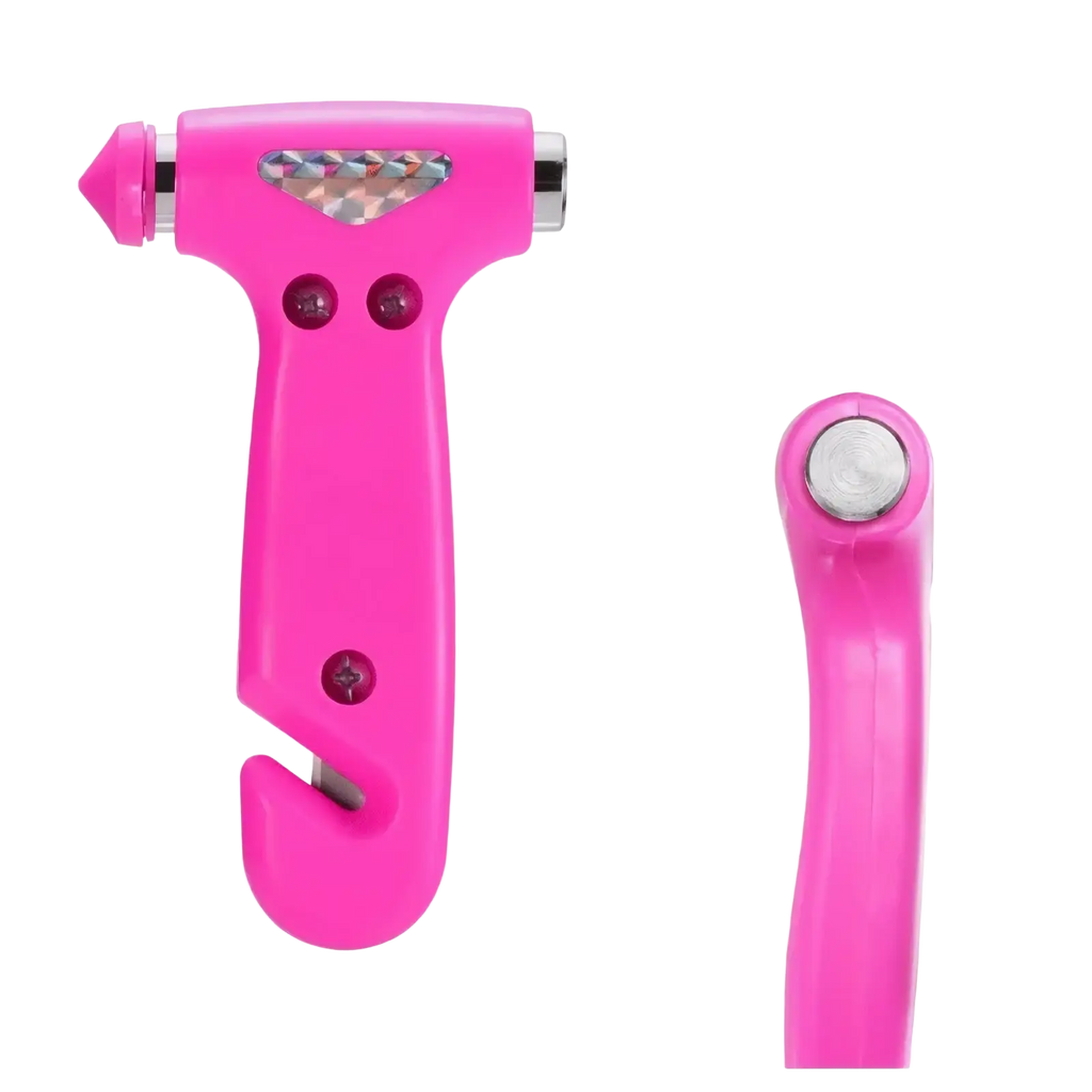 Bright pink plastic car safety hammer emergency escape tool with metallic tip and integrated window-breaking blade