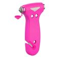 Bright pink plastic car safety hammer with metallic tip and integrated cutter for emergency escape