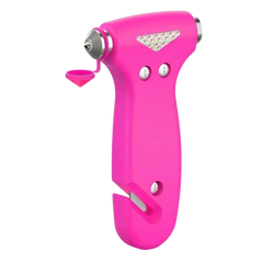 Bright pink plastic car safety hammer with metallic tip and integrated cutter for emergency escape