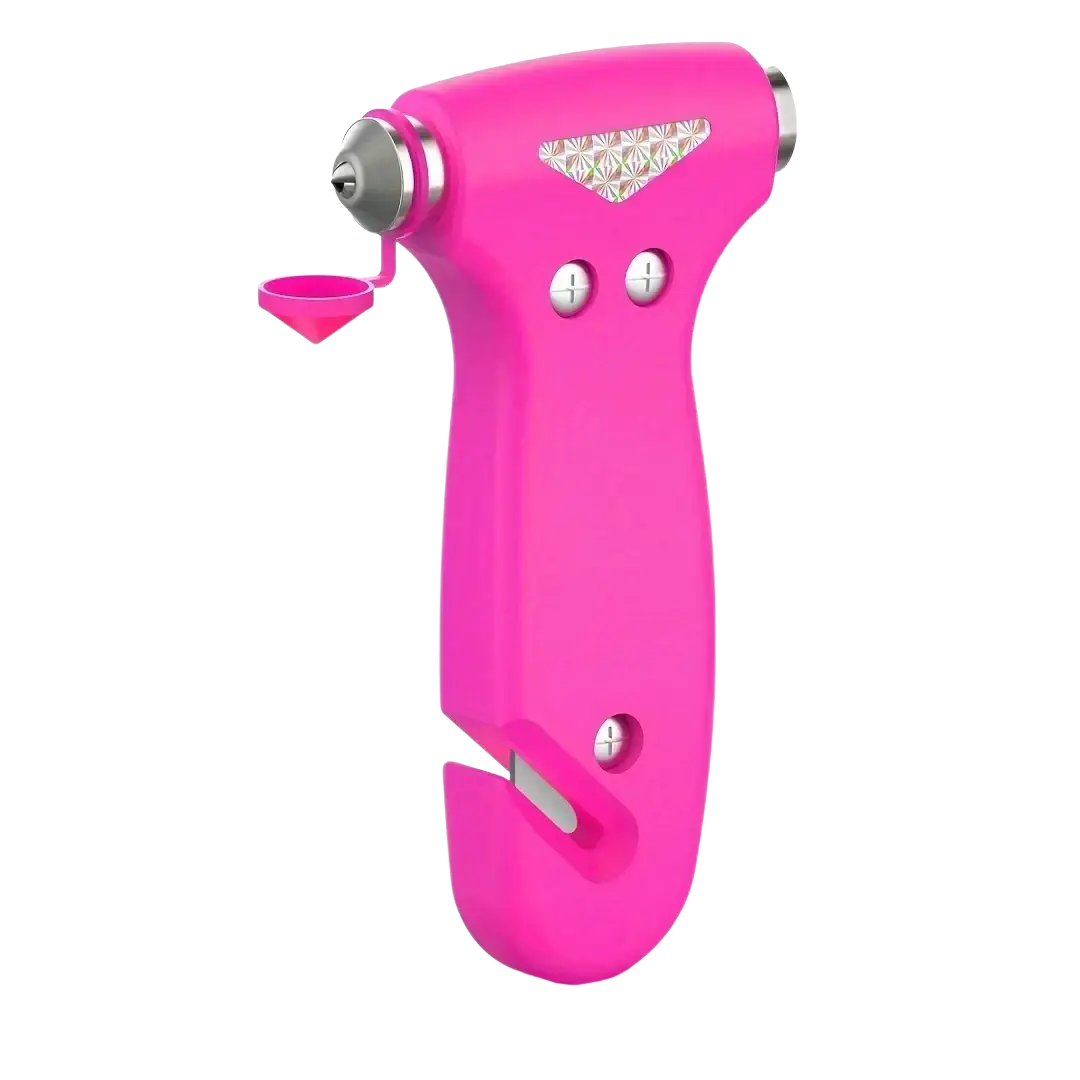 Bright pink plastic car safety hammer with metallic tip and integrated cutter for emergency escape