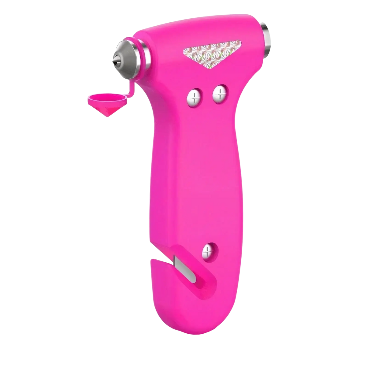 Bright pink plastic car safety hammer emergency escape tool with silver metallic tip and decorative patterned panel