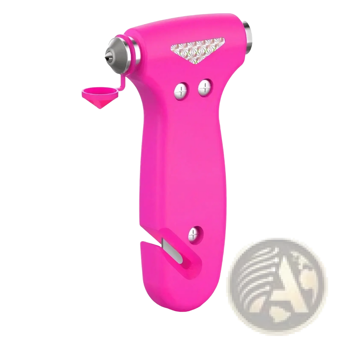 Bright pink plastic car safety hammer emergency escape tool with silver metallic tip and decorative patterned panel