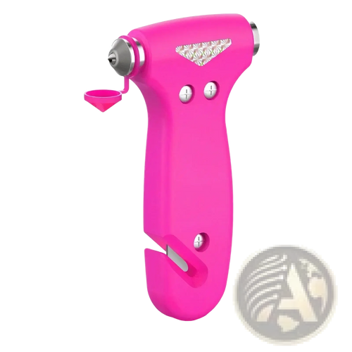 Bright pink plastic car safety hammer emergency escape tool with silver metallic tip and decorative patterned panel