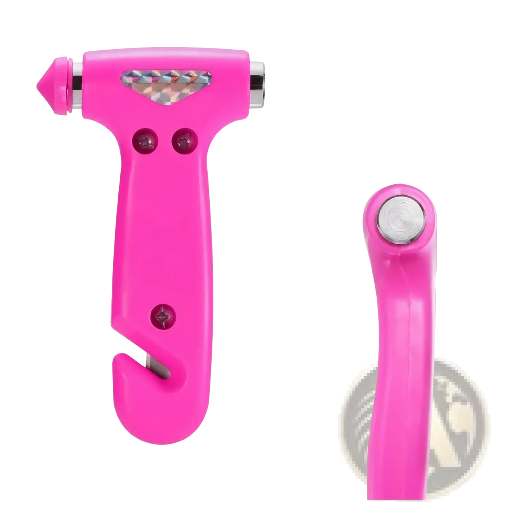 Bright pink plastic car safety hammer emergency escape tool with metallic tip and integrated window-breaking blade
