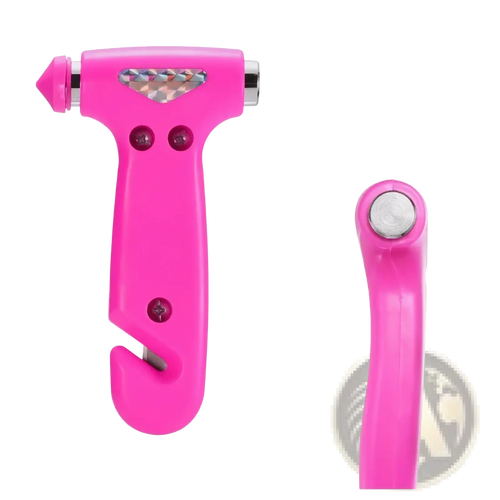Bright pink plastic car safety hammer emergency escape tool with metallic tip and integrated window-breaking blade