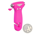 Bright pink plastic car safety hammer with metallic tip and integrated cutter for emergency escape