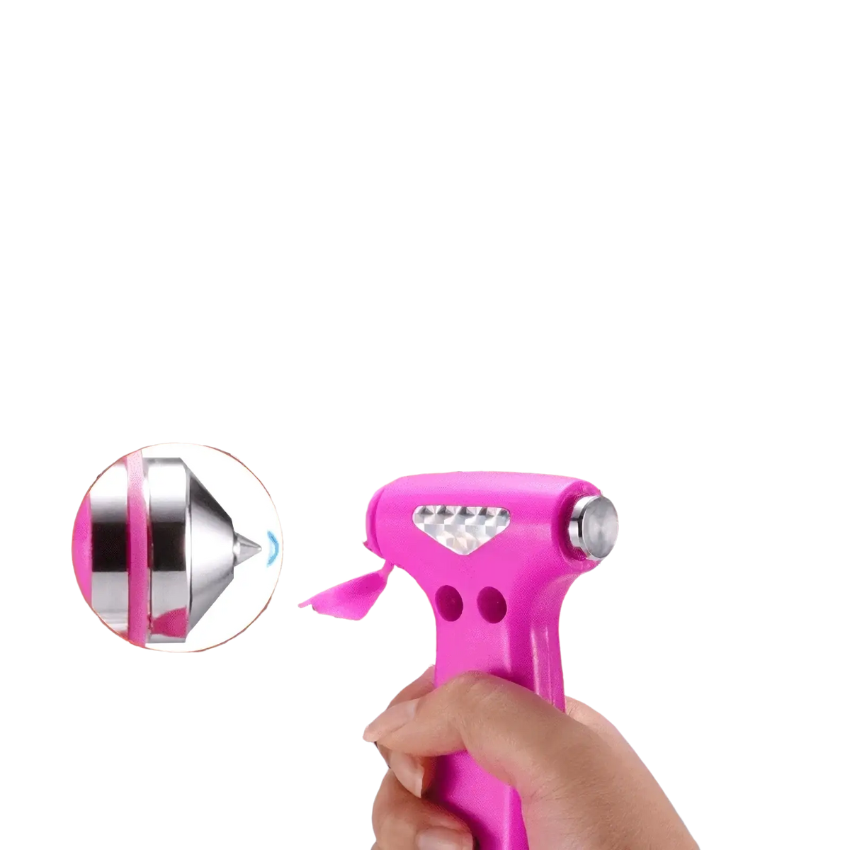 Car safety hammer emergency escape tool with pink and silver window breaker and textured grip handle