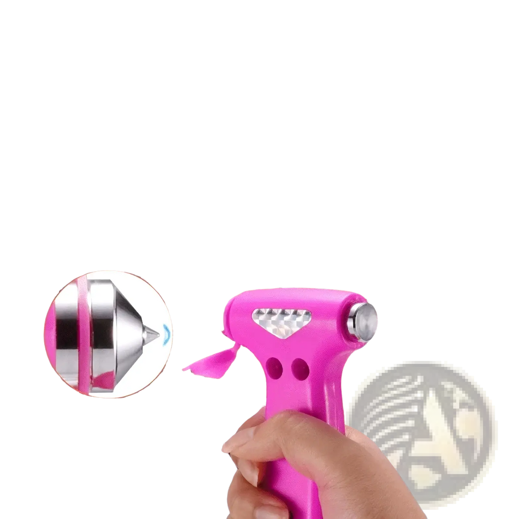 Car safety hammer emergency escape tool with pink and silver window breaker and textured grip handle