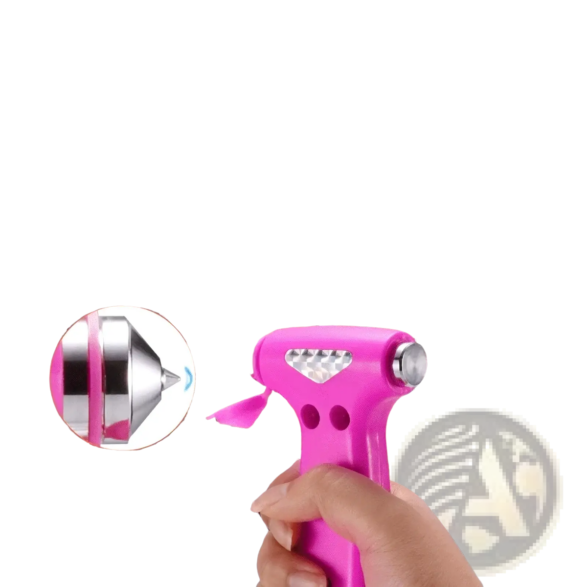 Car safety hammer emergency escape tool with pink and silver window breaker and textured grip handle