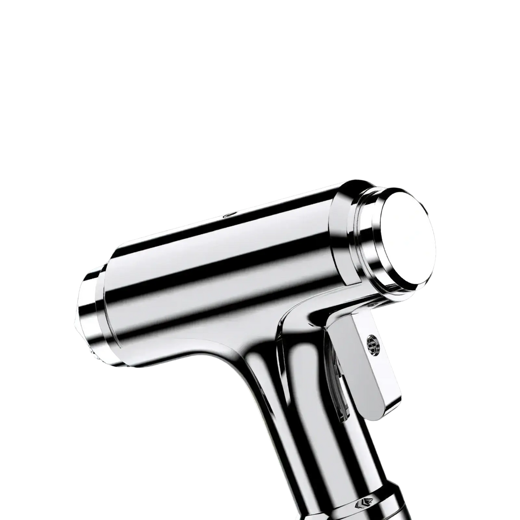 Shiny chrome-finished car safety hammer with sharp tip for quick glass shattering and seat belt cutting