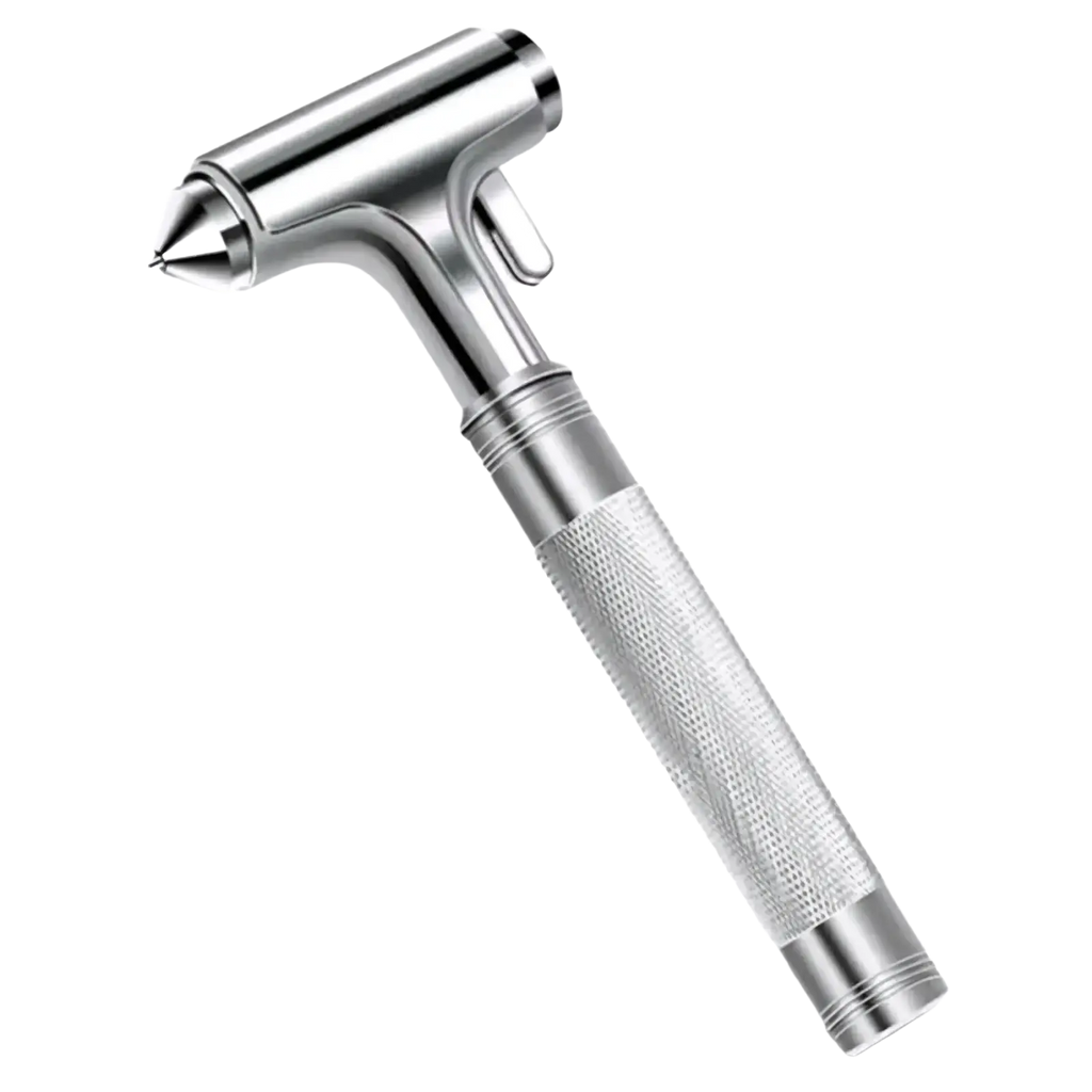 Silver-colored metallic car safety hammer with textured grip and pointed tip for emergency seat belt cutting and rescue