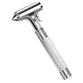 Silver-colored metallic car safety hammer with textured grip and pointed tip for emergency seat belt cutting and rescue