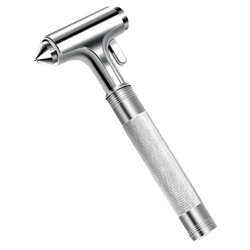 Silver-colored metallic car safety hammer with textured grip and pointed tip for emergency seat belt cutting and rescue