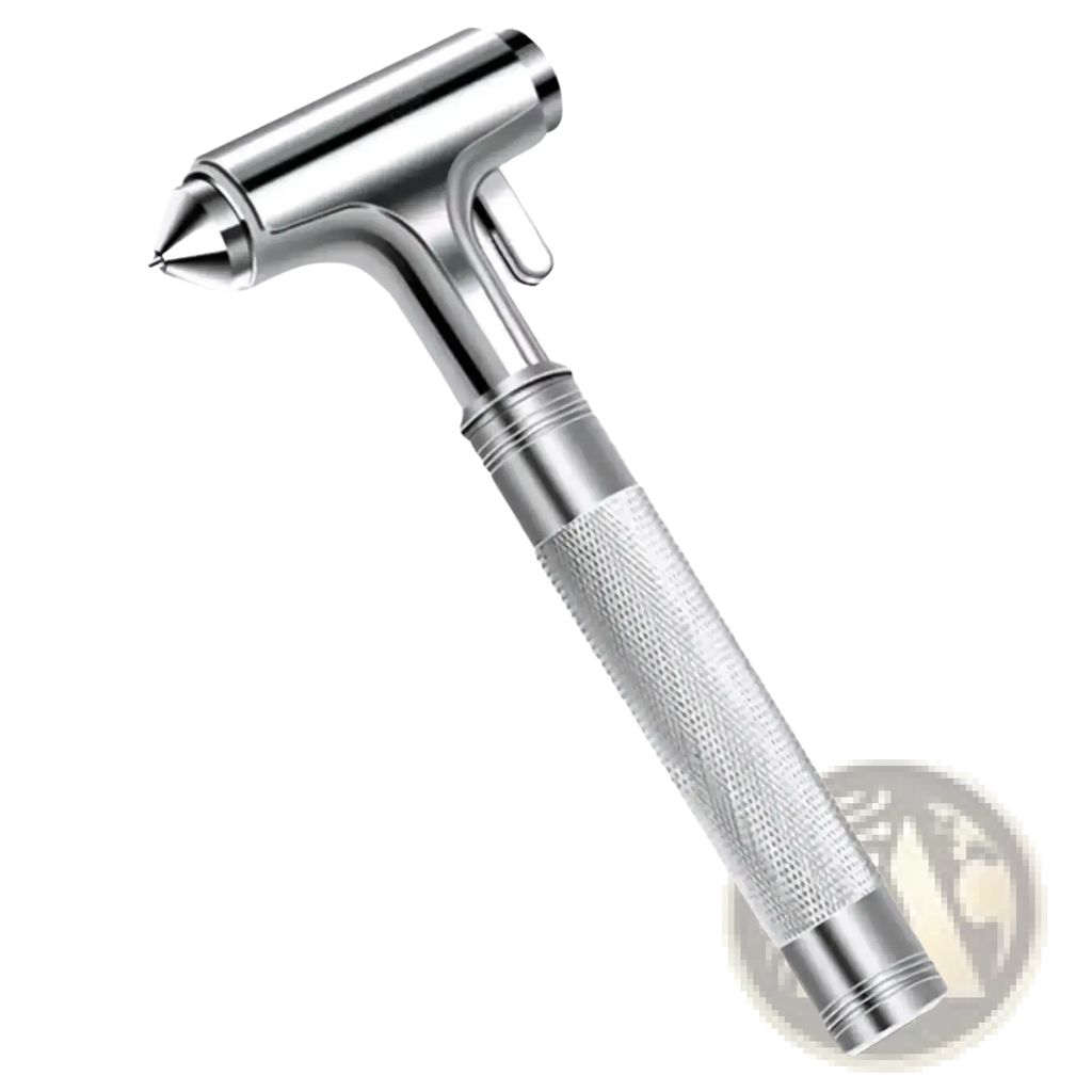 Silver-colored metallic car safety hammer with textured grip and pointed tip for emergency seat belt cutting and rescue