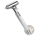 Silver-colored metallic car safety hammer with textured grip and pointed tip for emergency seat belt cutting and rescue