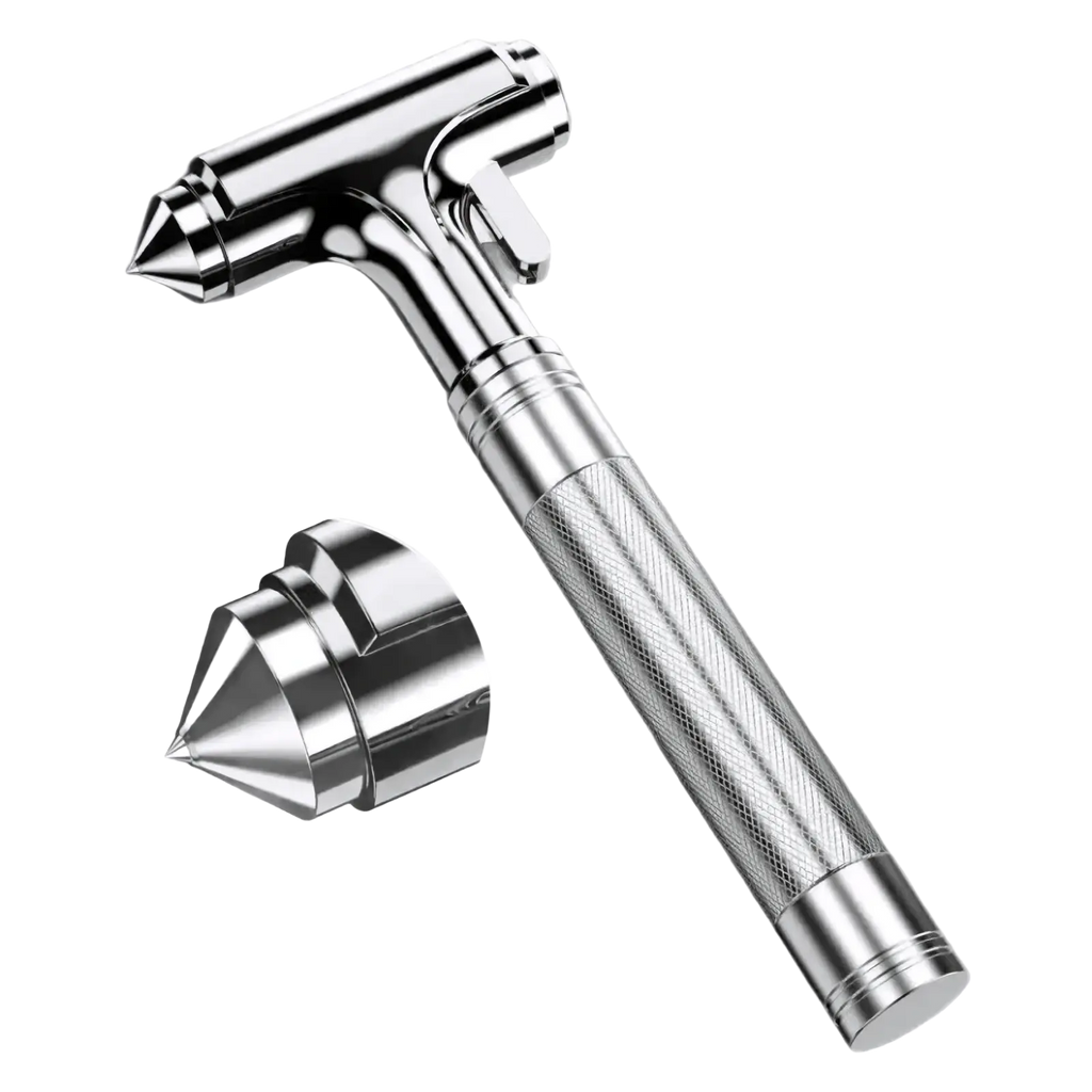 Silver metallic car safety hammer with textured grip and pointed tip for emergency use and seat belt cutting