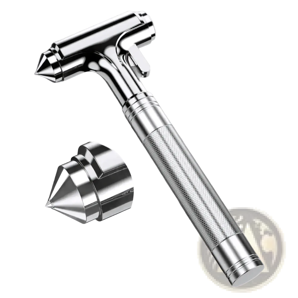 Silver metallic car safety hammer with textured grip and pointed tip for emergency use and seat belt cutting