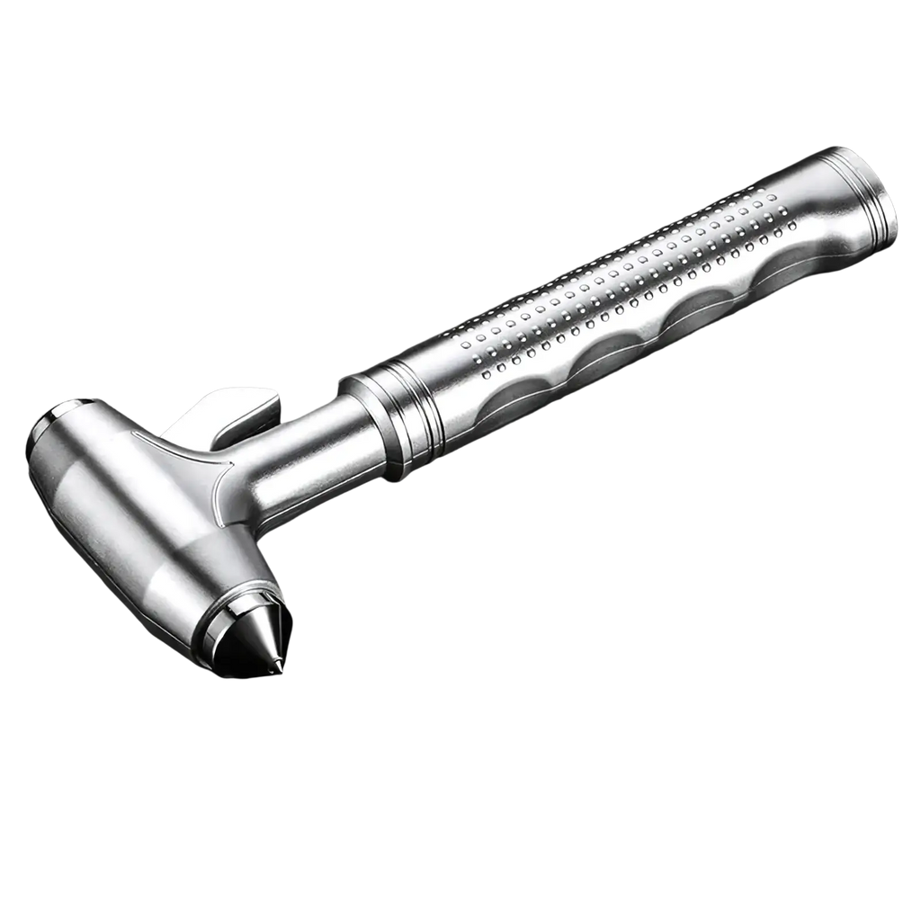 Silver multifunctional car safety hammer with textured grip and integrated cutter for emergency seat belt cutting