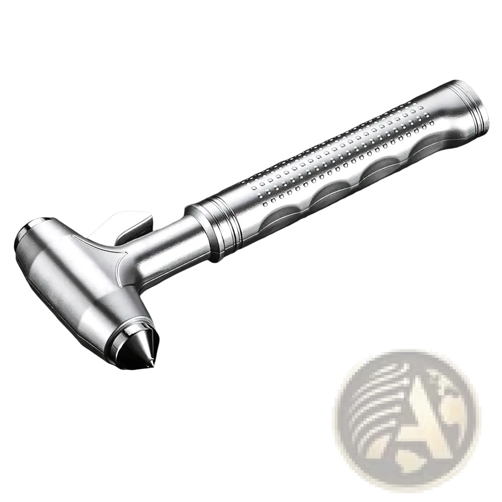 Silver multifunctional car safety hammer with textured grip and integrated cutter for emergency seat belt cutting