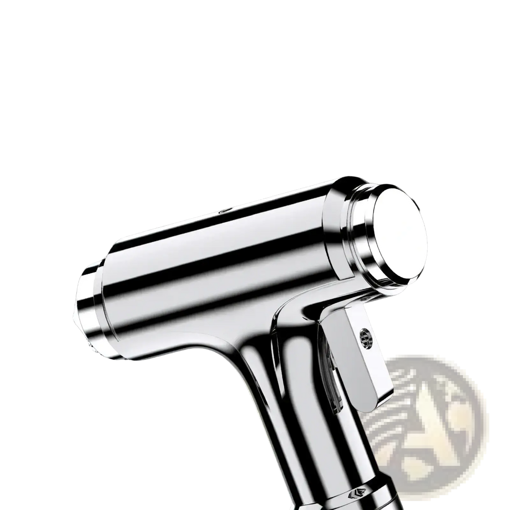Shiny chrome-finished car safety hammer with sharp tip for quick glass shattering and seat belt cutting