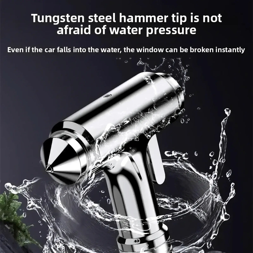 Shiny chrome tungsten steel tip of car safety hammer with pointed cone head and ergonomic handle for emergency use
