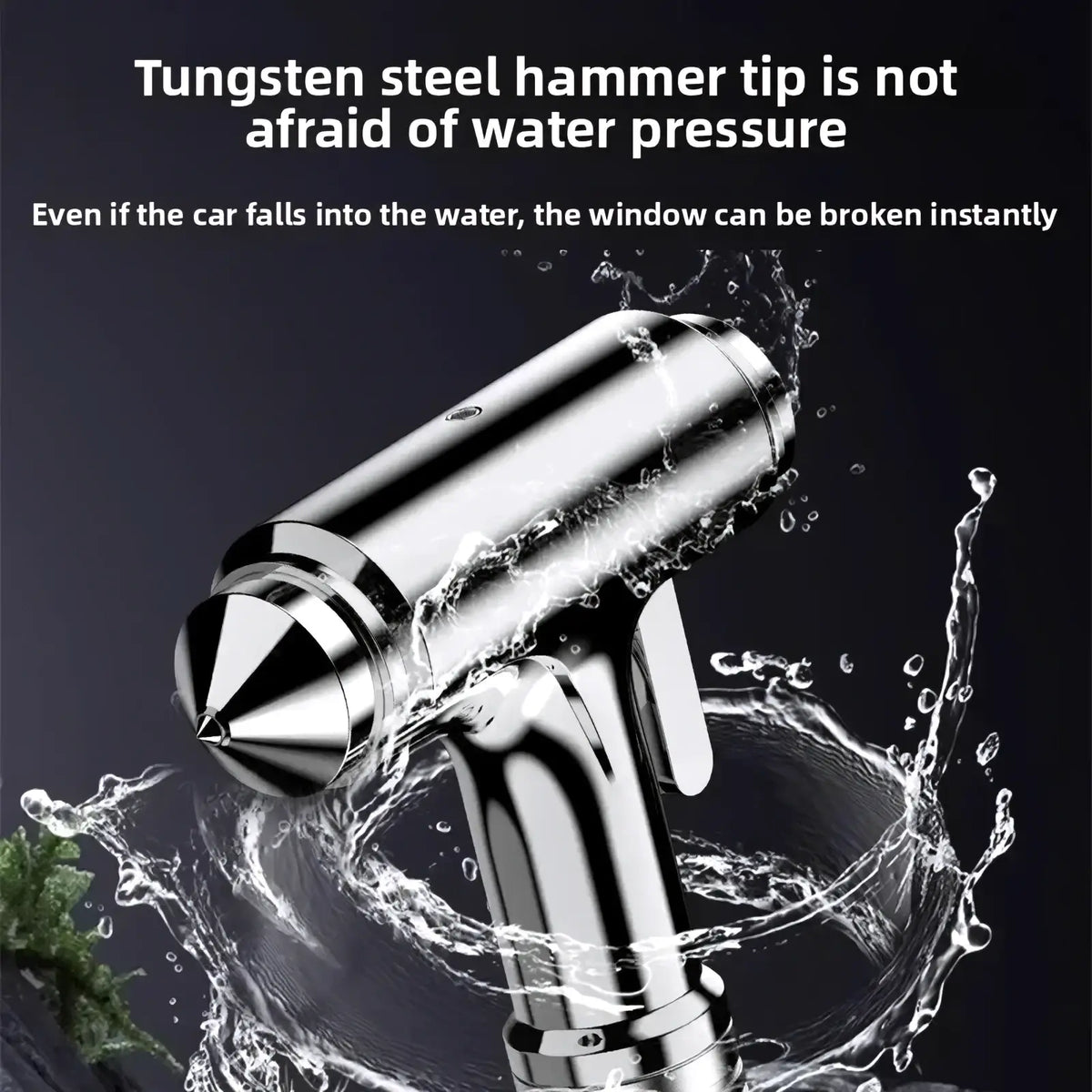 Shiny chrome tungsten steel tip of car safety hammer with pointed cone head and ergonomic handle for emergency use