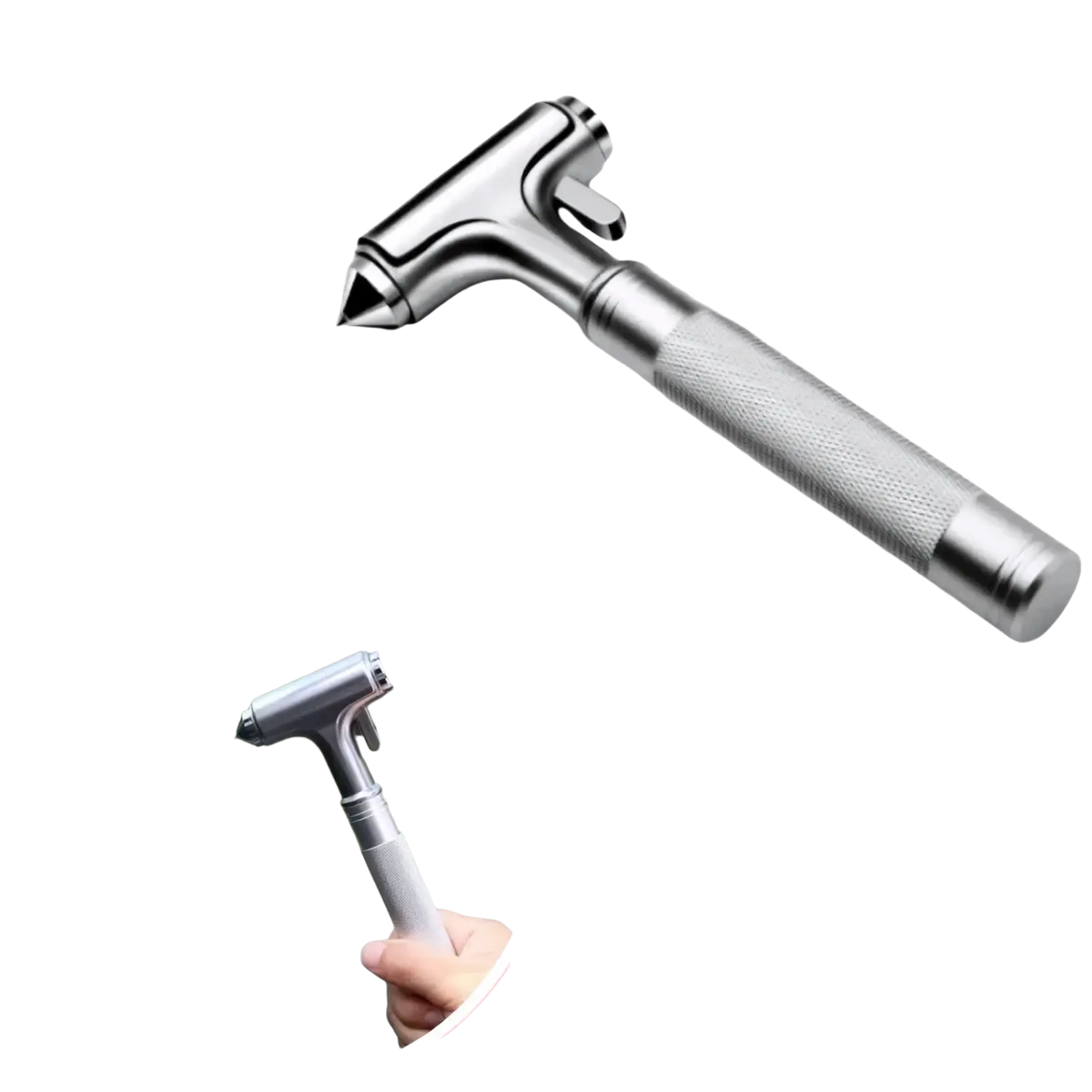 Silver stainless steel car safety hammer with textured grip handle and pointed tip for emergency use and seat belt cutting
