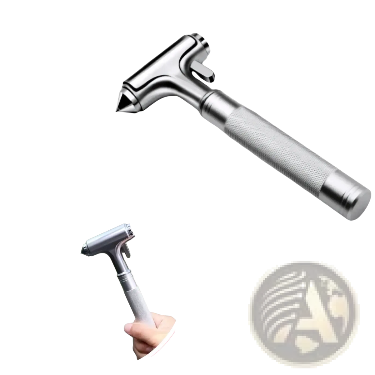Silver stainless steel car safety hammer with textured grip handle and pointed tip for emergency use and seat belt cutting