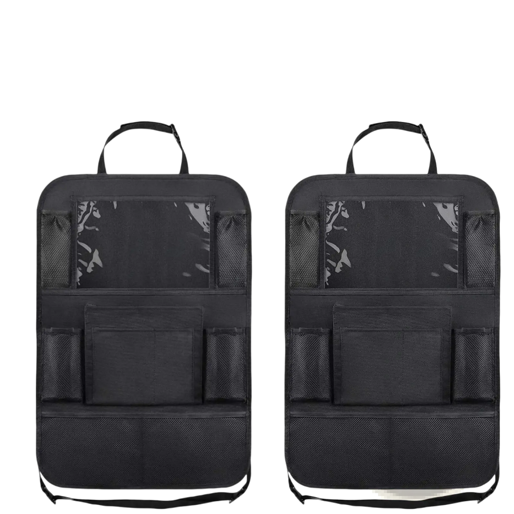 Black car seat back organizer with tablet holder featuring multiple mesh and solid pockets for various vehicles