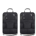 Black car seat back organizer with tablet holder featuring multiple mesh and solid pockets for various vehicles