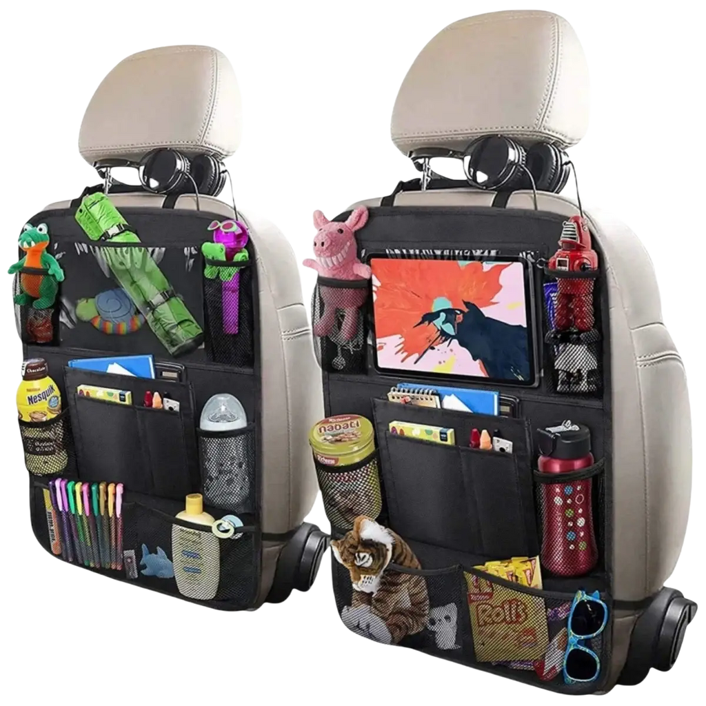 Black car seat back organizer with multiple mesh pockets and tablet holder storing toys snacks bottles and a tablet