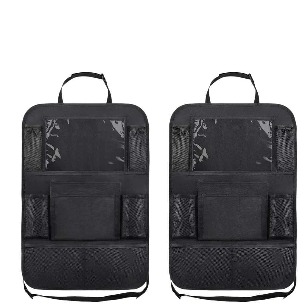 Black car seat back organizer with tablet holder featuring multiple mesh and solid pockets and top handle for easy carrying