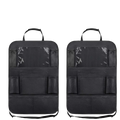 Black car seat back organizer with tablet holder featuring multiple mesh and solid pockets for various vehicles