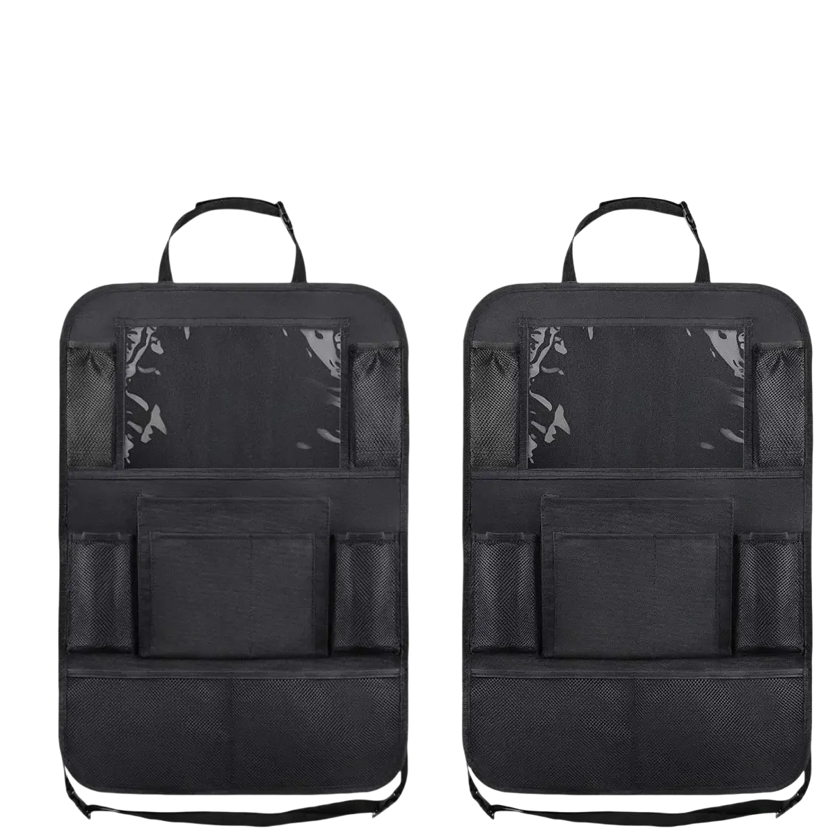 Black car seat back organizer with tablet holder featuring multiple mesh and solid pockets for various vehicles