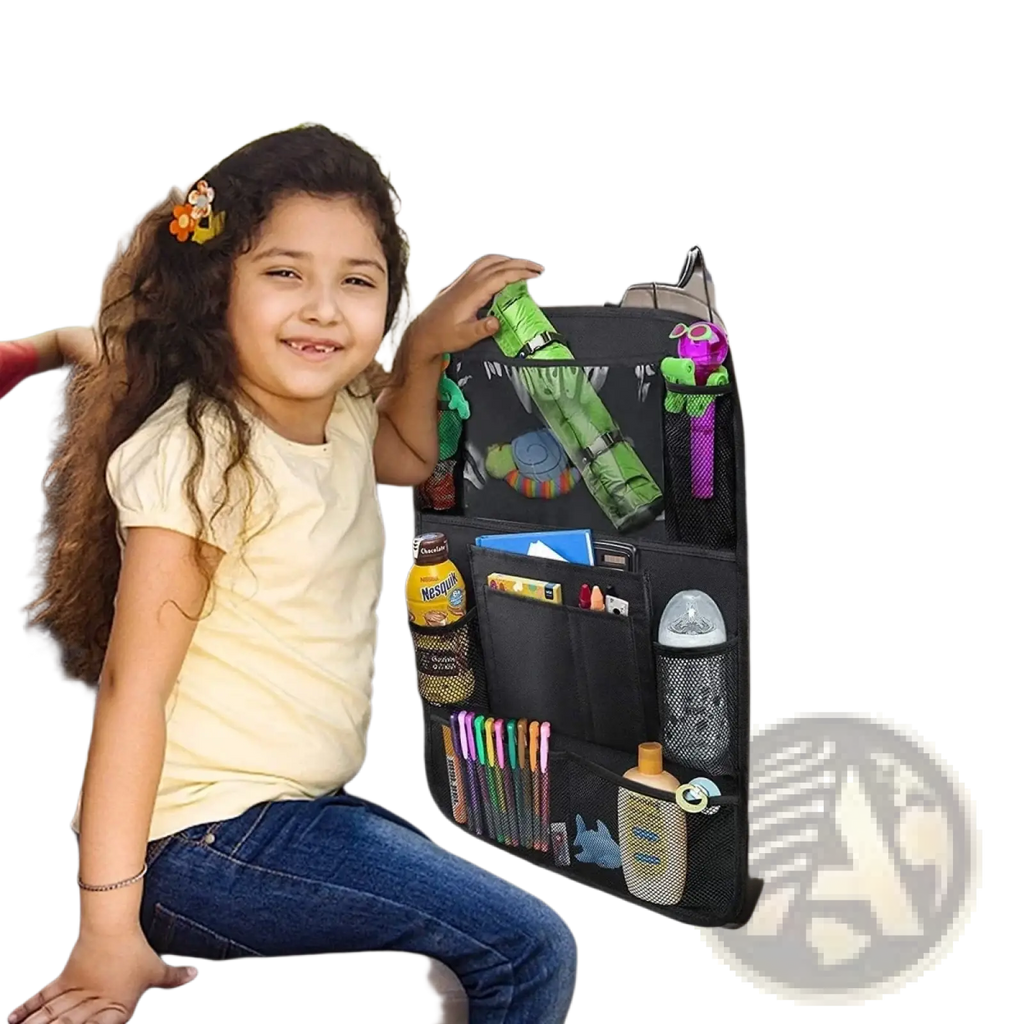 Black mesh car seat back organizer with tablet holder featuring multiple pockets holding children’s items