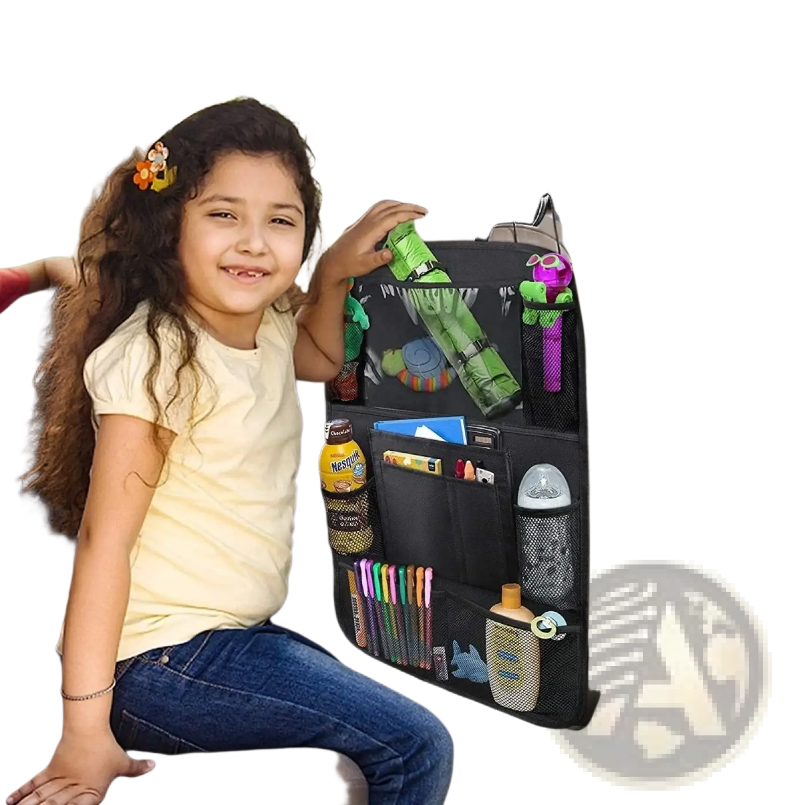 Black mesh car seat back organizer with tablet holder featuring multiple pockets holding children’s items