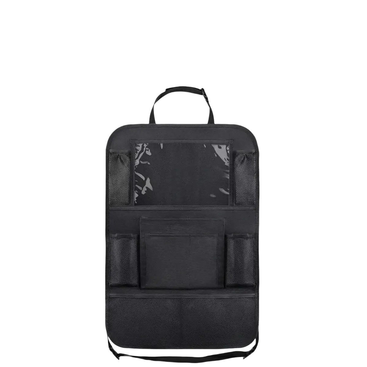 Back side of black mesh and fabric car seat back organizer with multiple pockets clear window panel and adjustable straps