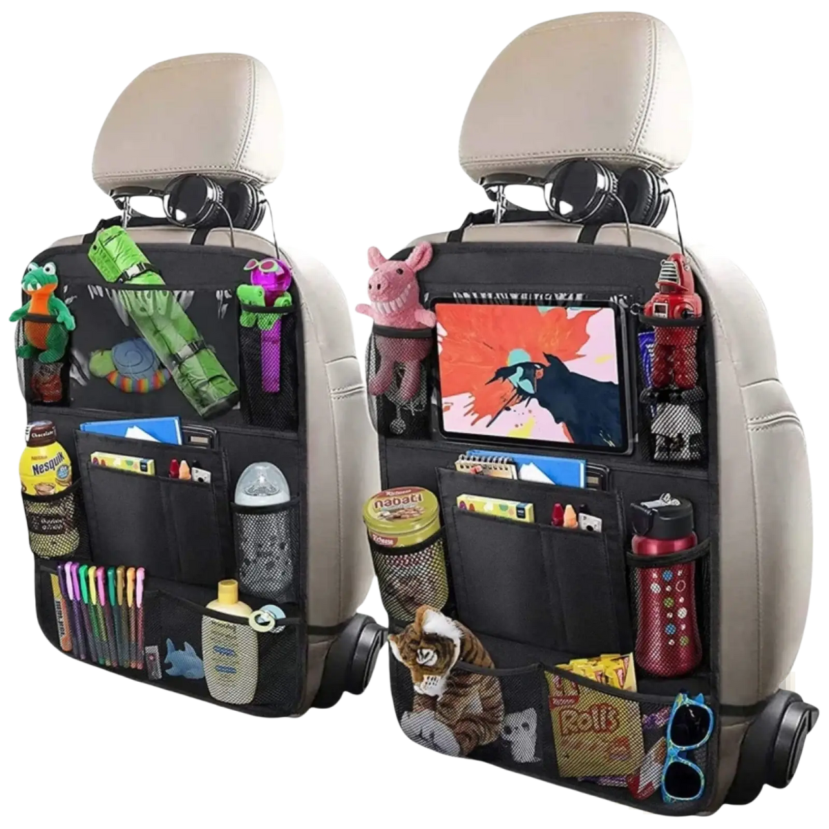 Black car seat back organizer with multiple mesh pockets and tablet holder storing toys snacks bottles and a tablet