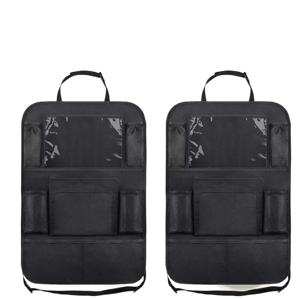 Black car seat back organizer with tablet holder featuring multiple mesh and solid pockets and top handle for easy carrying