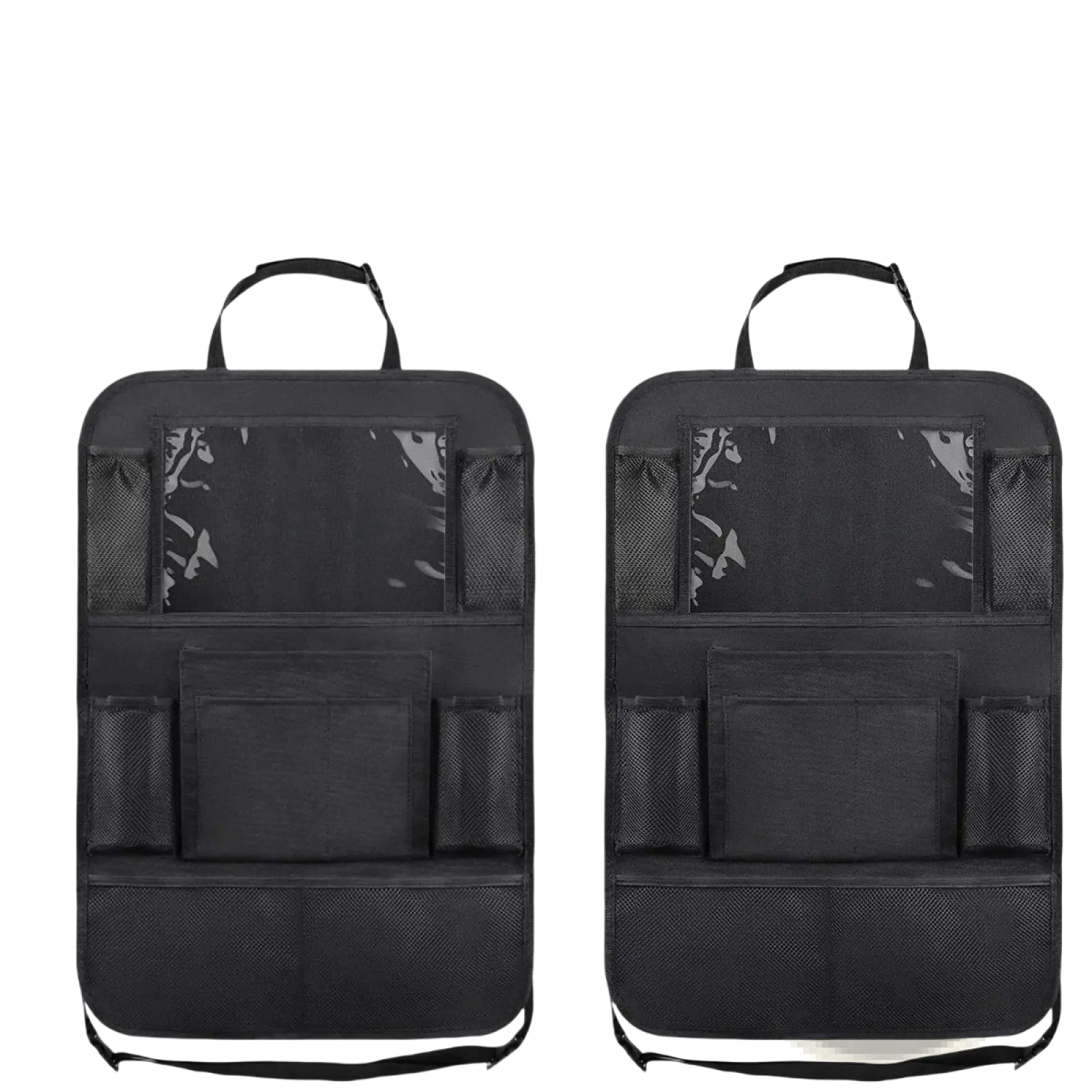 Black car seat back organizer with tablet holder featuring multiple mesh and solid pockets and top handle for easy carrying