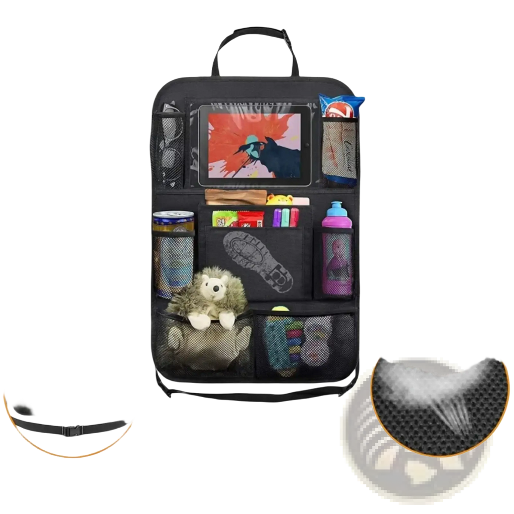 Black waterproof car seat back organizer with mesh pockets and central tablet holder for vehicle use
