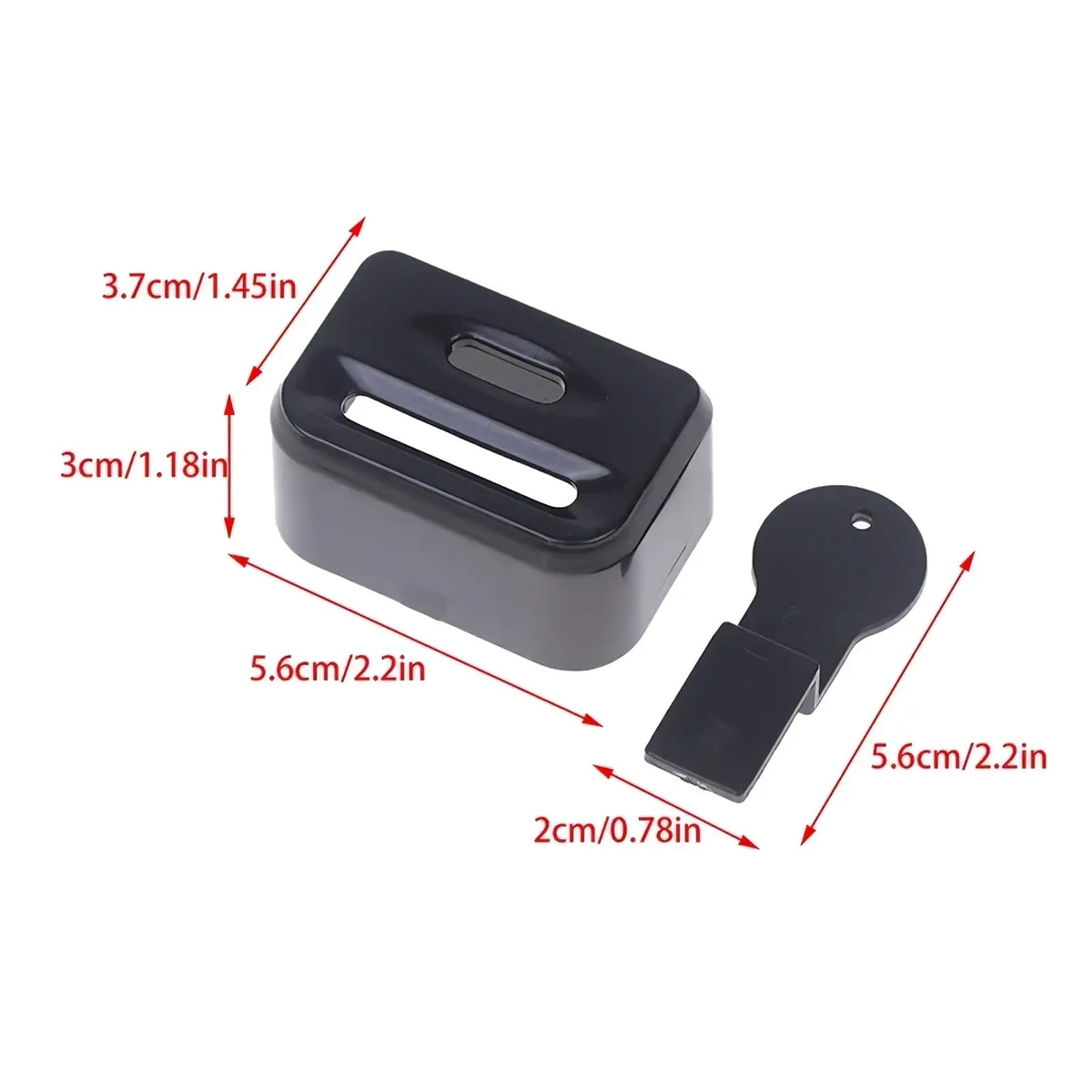 Black plastic car seat belt buckle cover with matching key for child safety protection