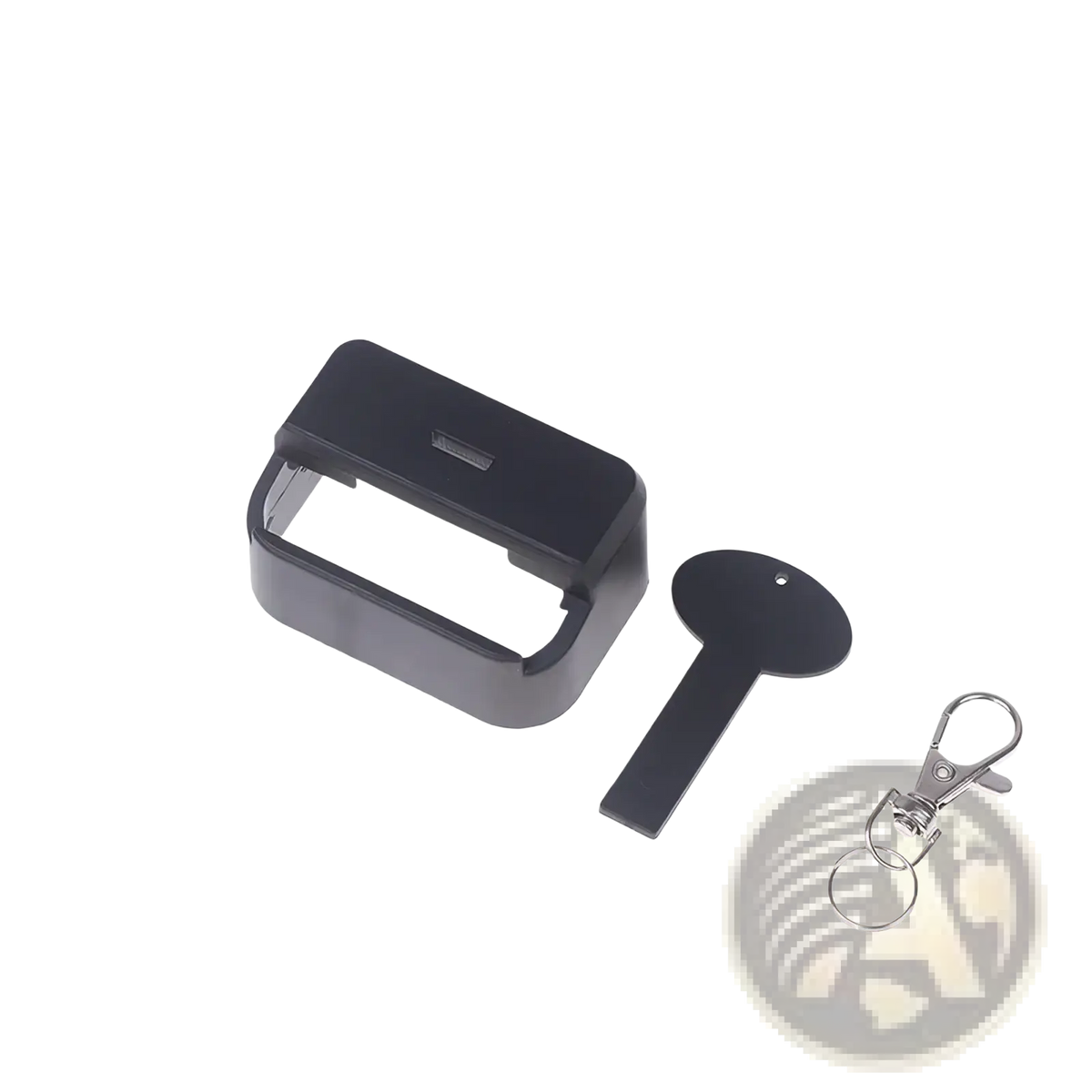 Black plastic car seat belt buckle cover child safety protector with matching key-shaped tool and silver metal clasp