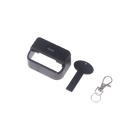 Black plastic car seat belt buckle cover child safety protector with matching key-shaped tool and silver metal clasp