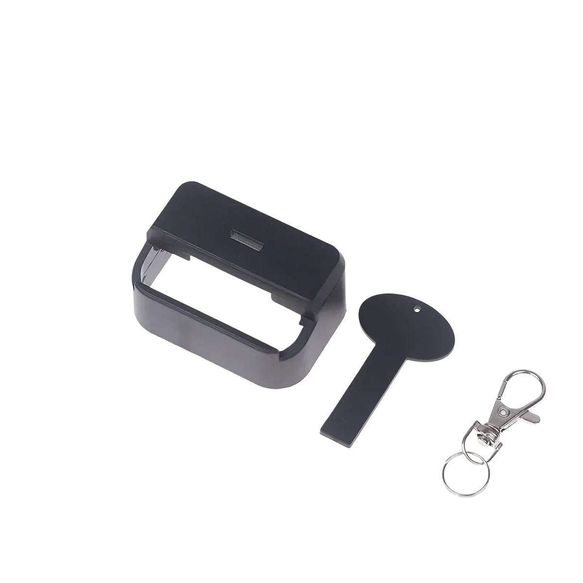 Black plastic car seat belt buckle cover child safety protector with matching key-shaped tool and silver metal clasp