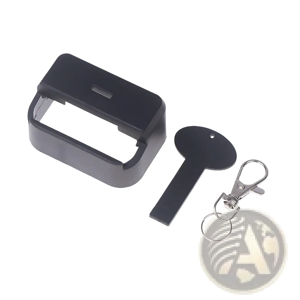 Black plastic car seat belt buckle cover child safety protector with sleek rectangular charging dock and metallic clasp