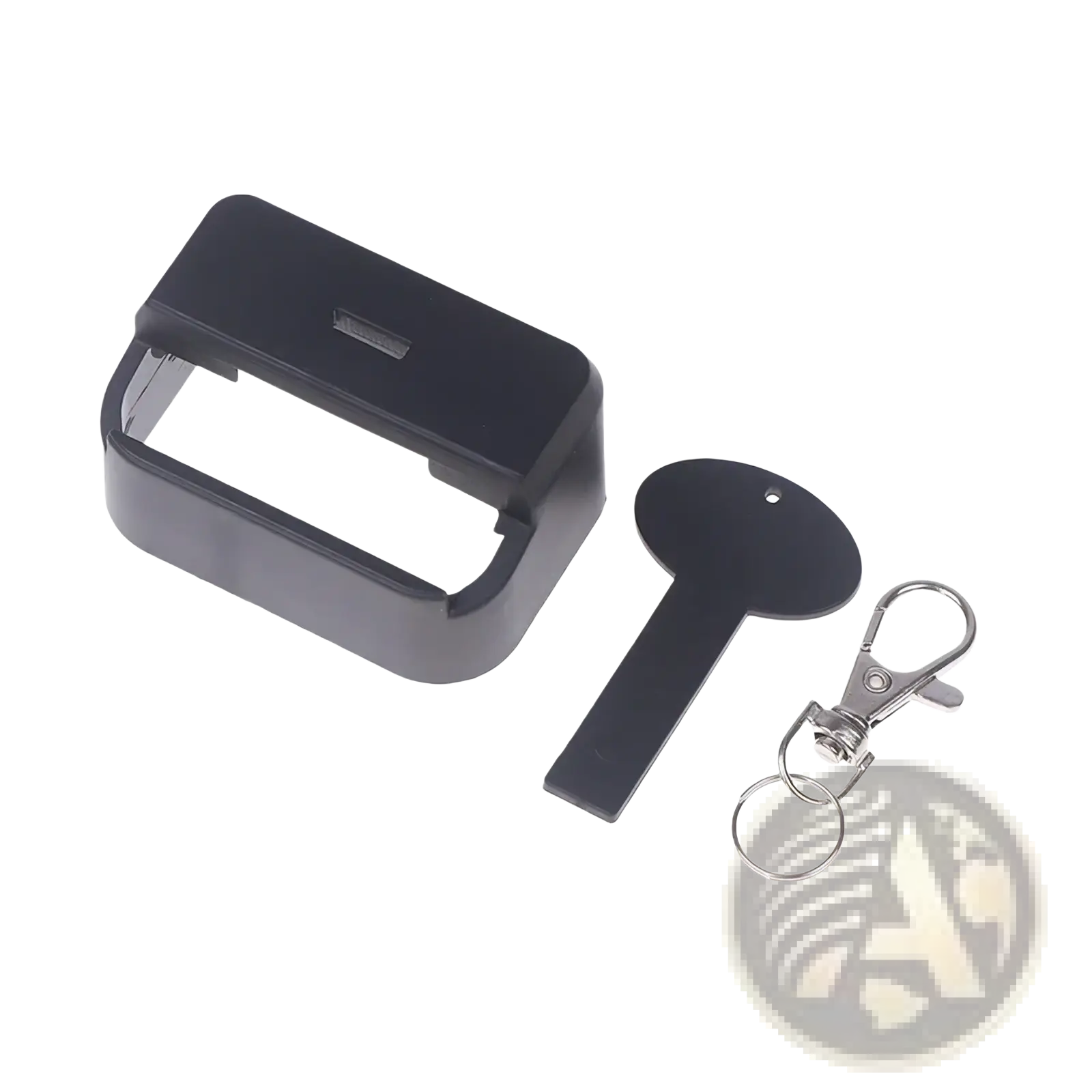 Black plastic car seat belt buckle cover child safety protector with sleek rectangular charging dock and metallic clasp