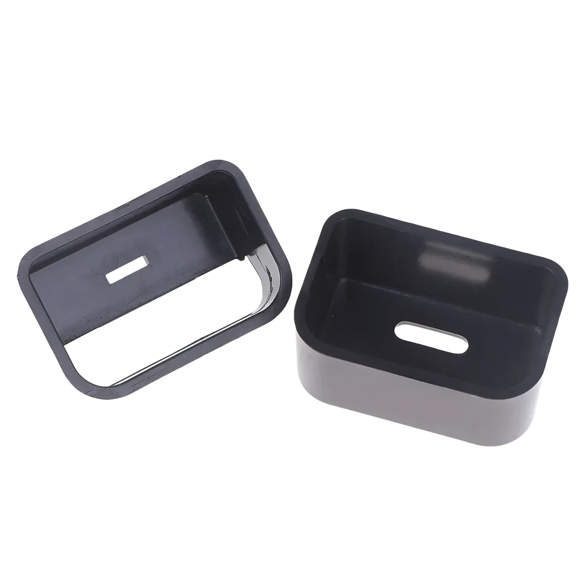 Black plastic car seat belt buckle cover with rectangular shape and oval cutout for child safety protection