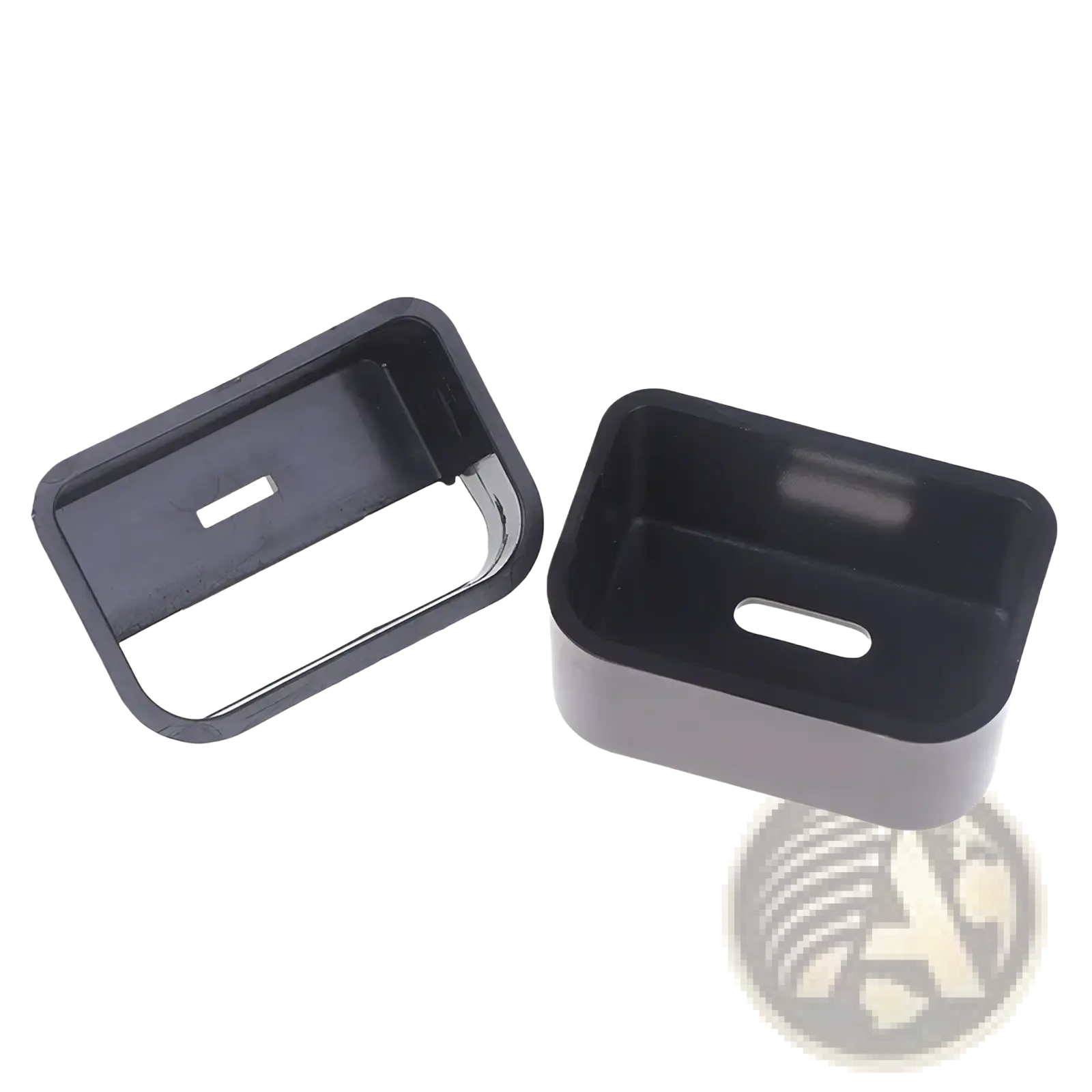 Black plastic car seat belt buckle cover with rectangular shape and oval cutout for child safety protection